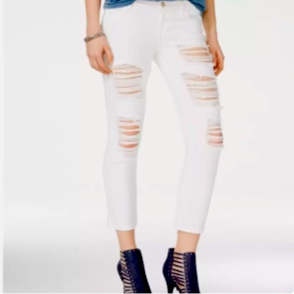 Guess White High Waist Slim Fit Distressed Crop Jeans 25"